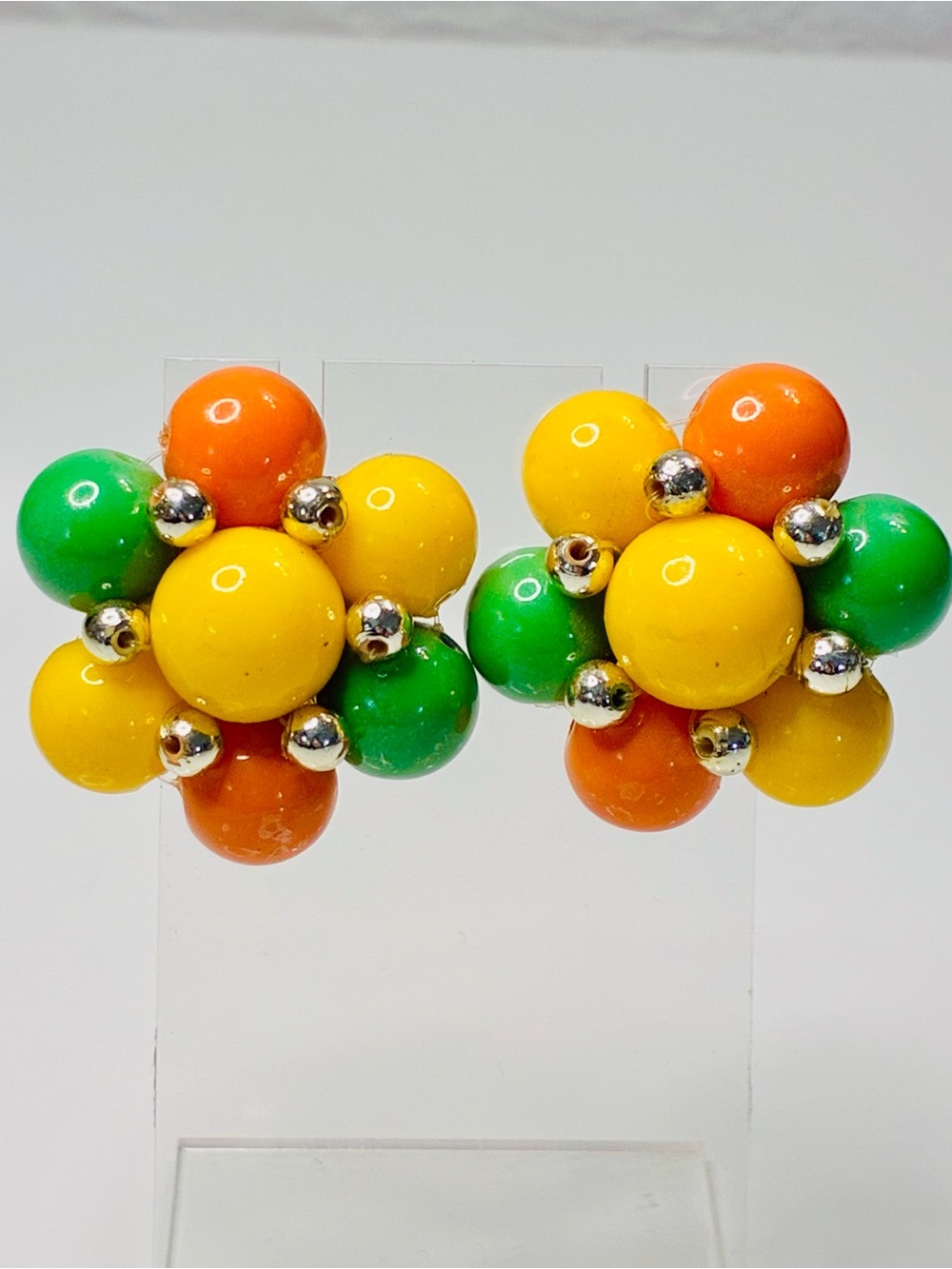 VTG MCM Yellow Orange Green Cluster Flower Earrings Pinup Colorful Chunky Casual